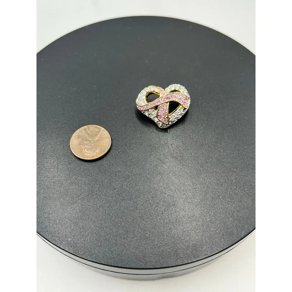 Swarovski Signed SWAN Goldtone Crystals Breast Cancer Ribbon Hope & Heart Brooch